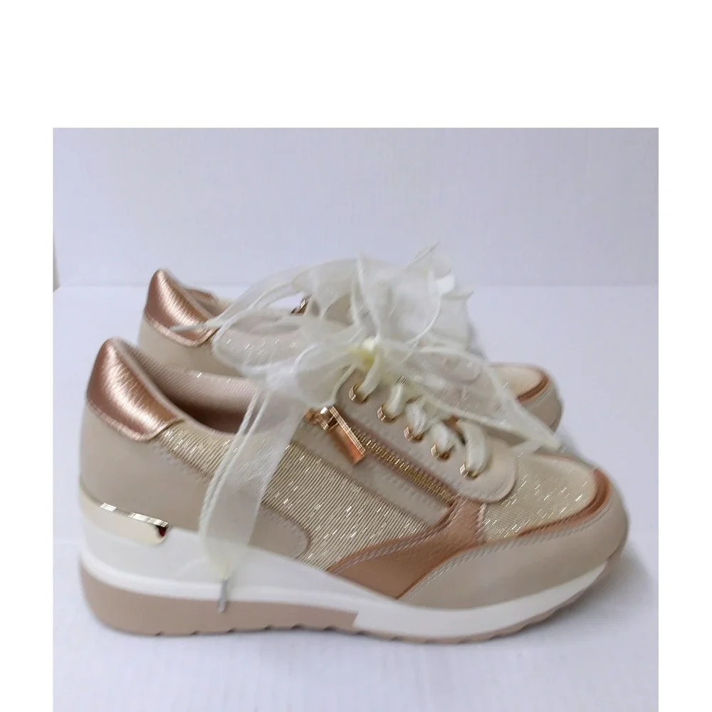 Beige Rose Gold Glitter Wedge Sneakers Ribbon‎ Laces Platform Shoes /#26709